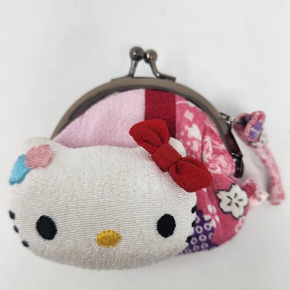 Hello Kitty Mini Coin Purse Sanrio Traditional Japanese Plush Kiss-lock Clasp - Picture 1 of 6